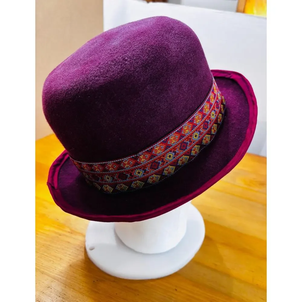 Handmade Burgundy Felt Fedora Hat Feather Key Accent Men’s Large